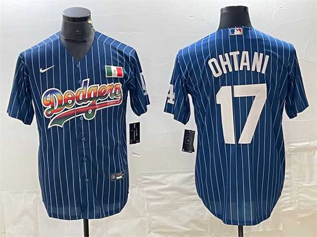 Men%27s Los Angeles Dodgers #17 Shohei Ohtani Navy Cool Base With Patch Stitched Baseball Jersey1
